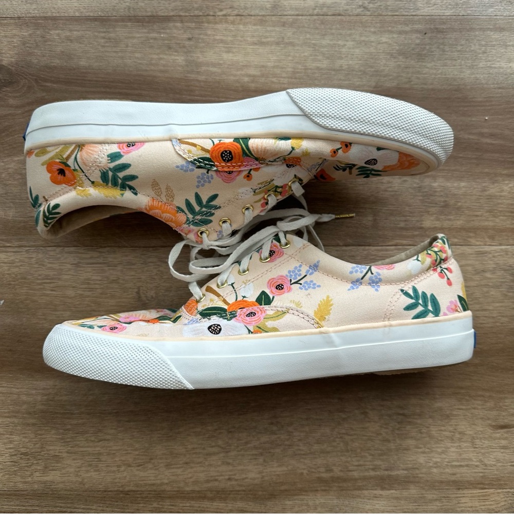 Rifle Paper Co. Cream/Peach Canvas Sneakers with Floral Print & gold accents